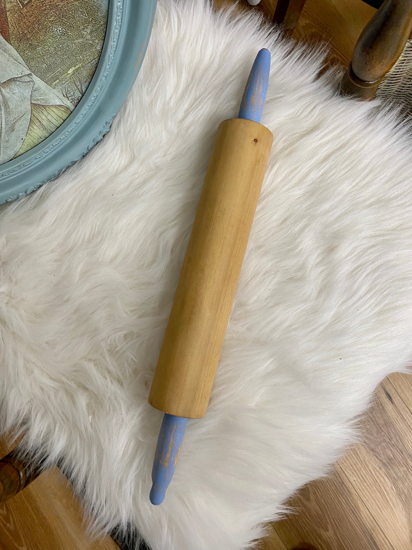 Vintage Wood Rolling Pin with Light Blue Handles
