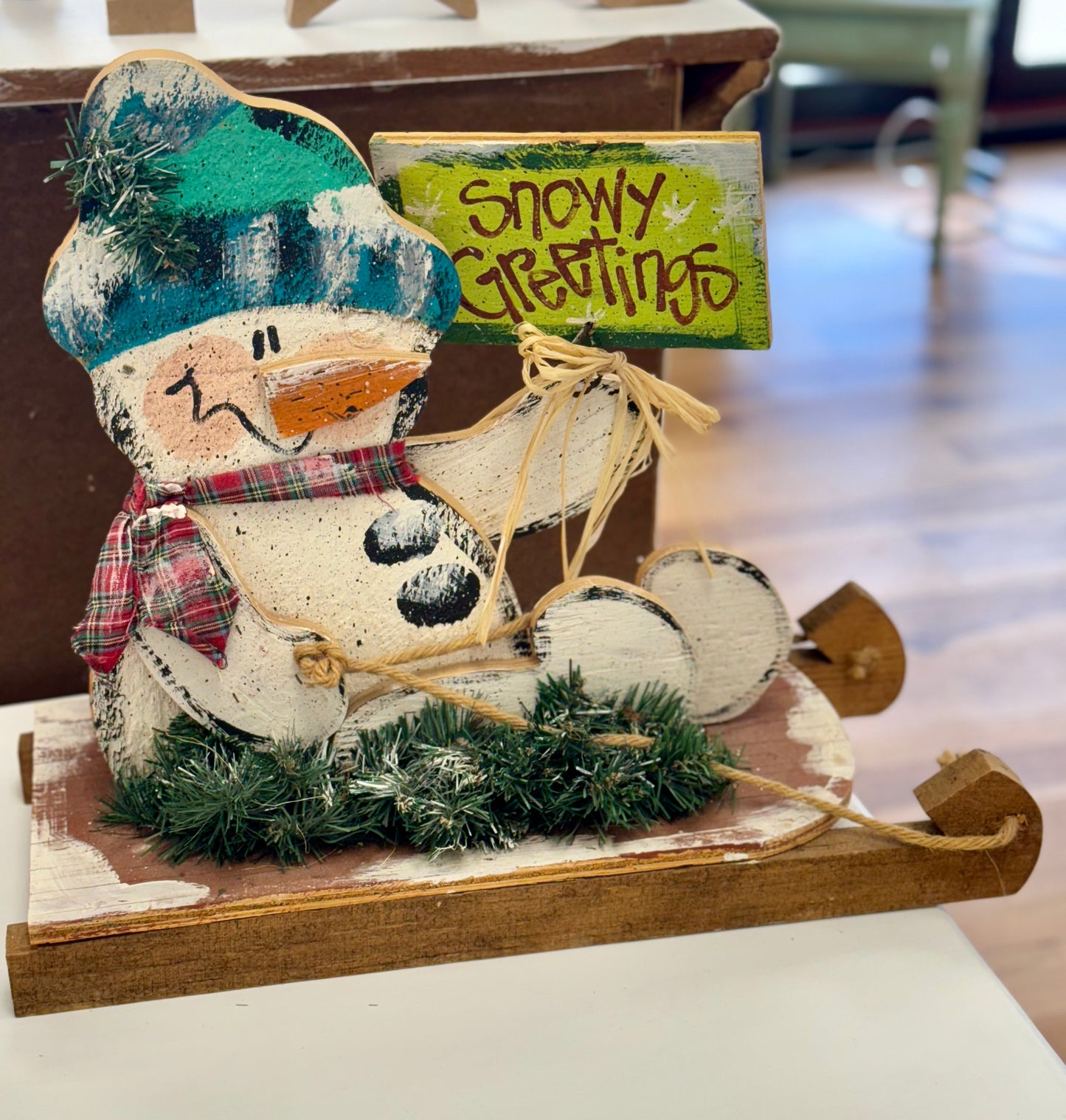 Wooden Snowman on Sleigh Decor