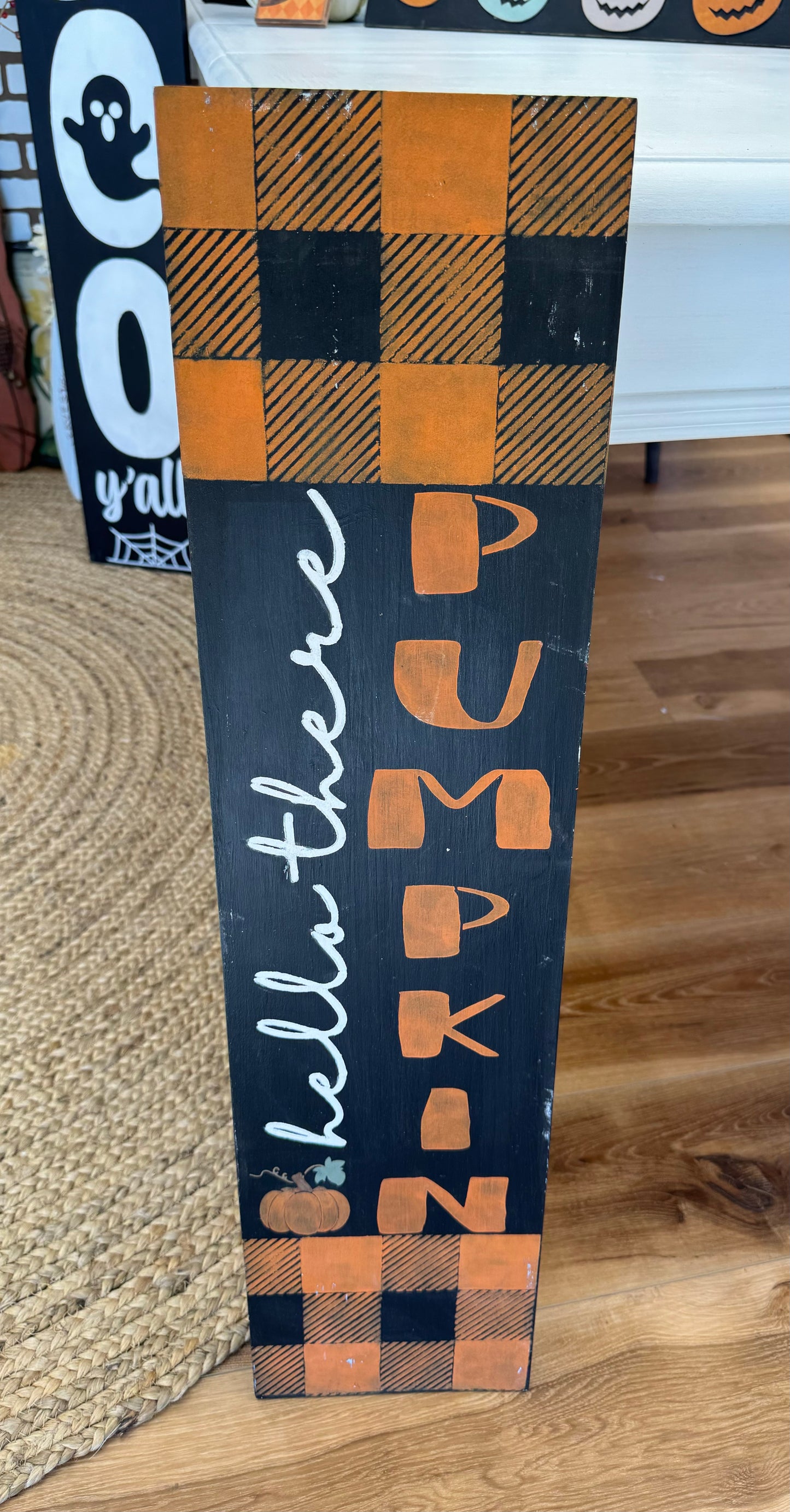 Hello There Pumpkin Orange and Black Plaid Wood Sign