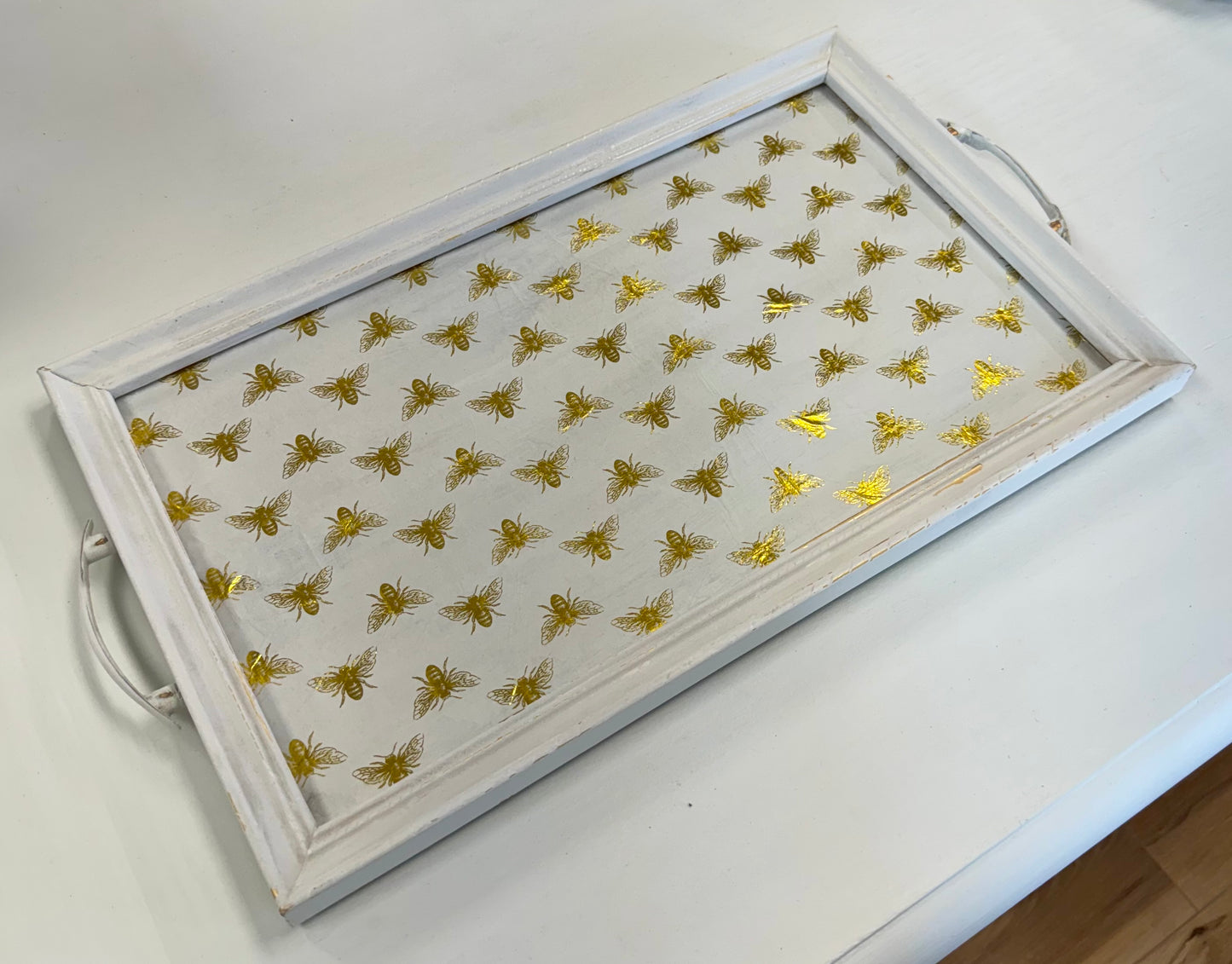 White Glass Top Tray with Gold Bees