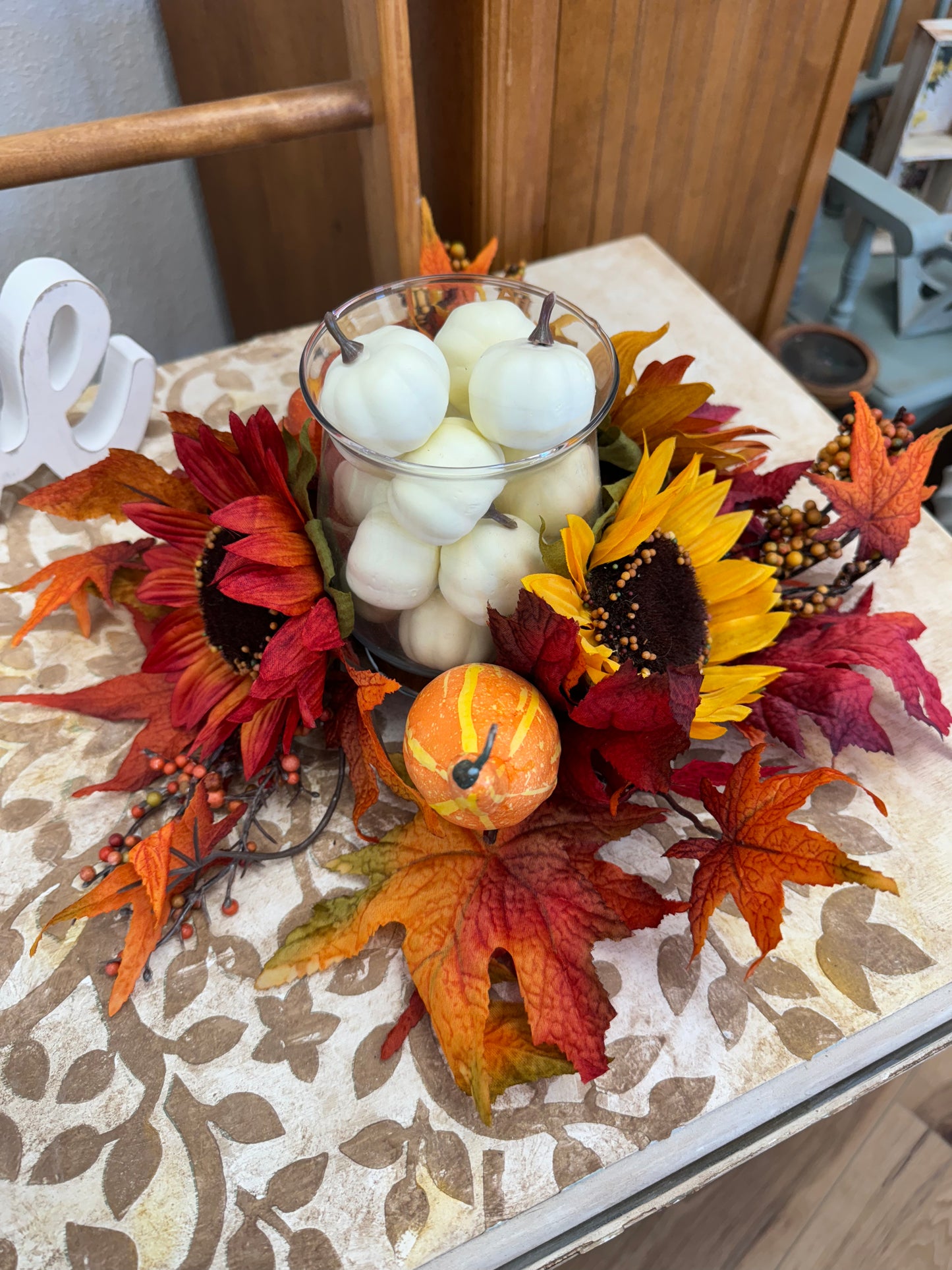 Fall Sunflower and White Pumpkin Centerpiece