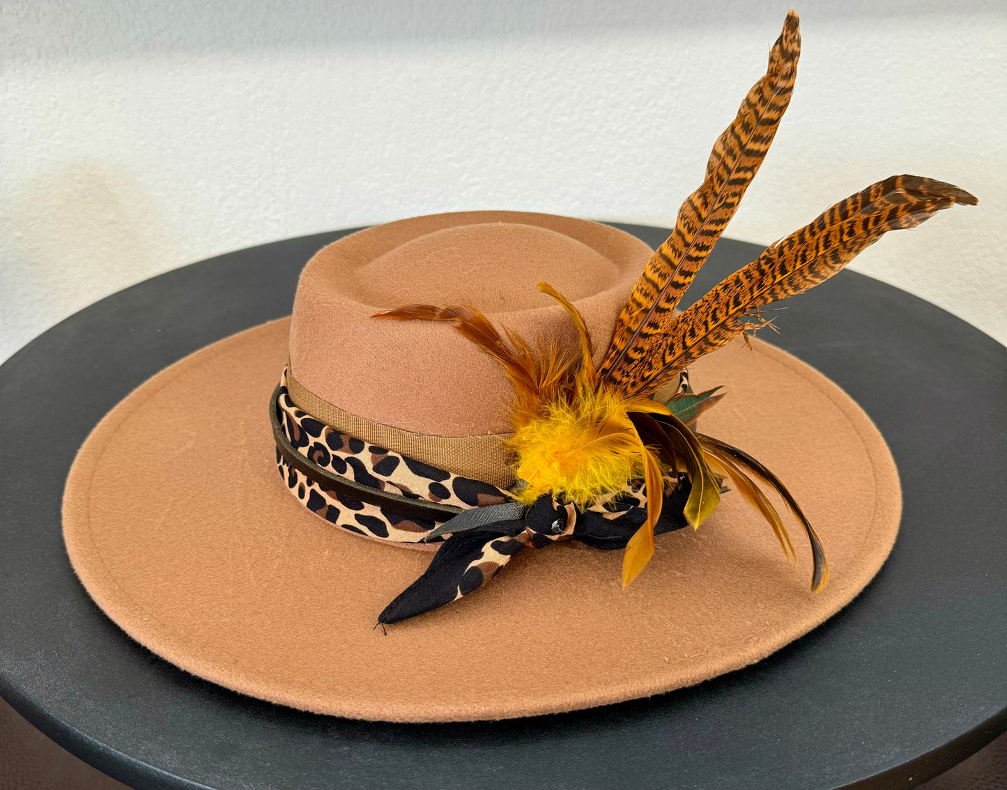 Leopard & Feathers Wide Brimmed Hat