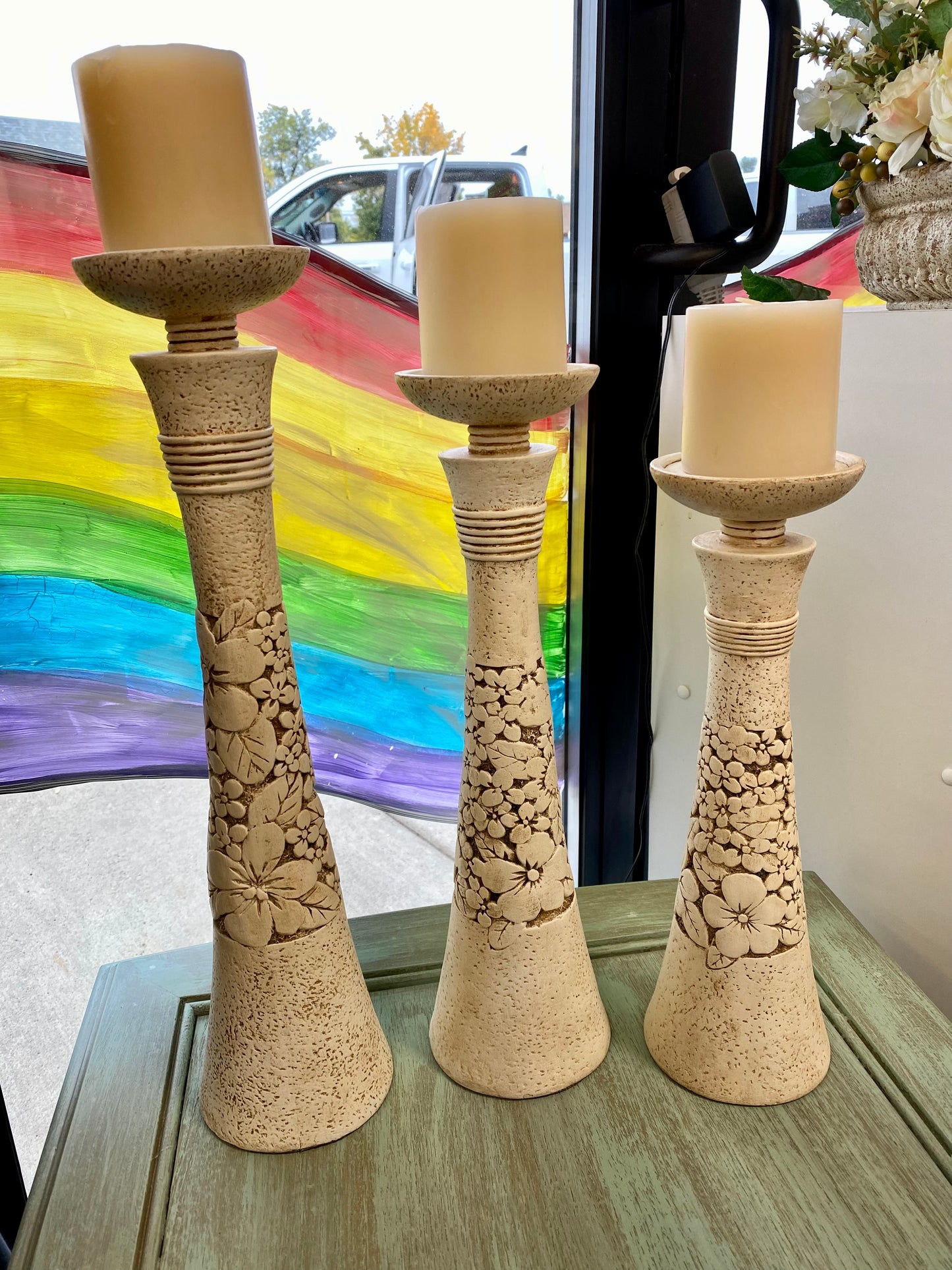 Whitewash Floral Candlestick Set