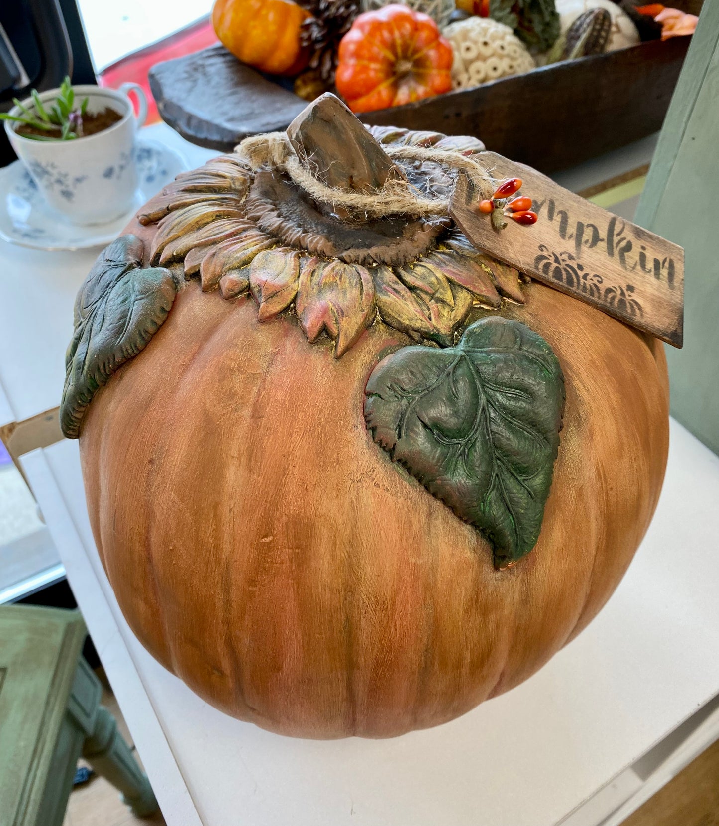 Hand-painted Pumpkin with Sunflower and Leaf Details
