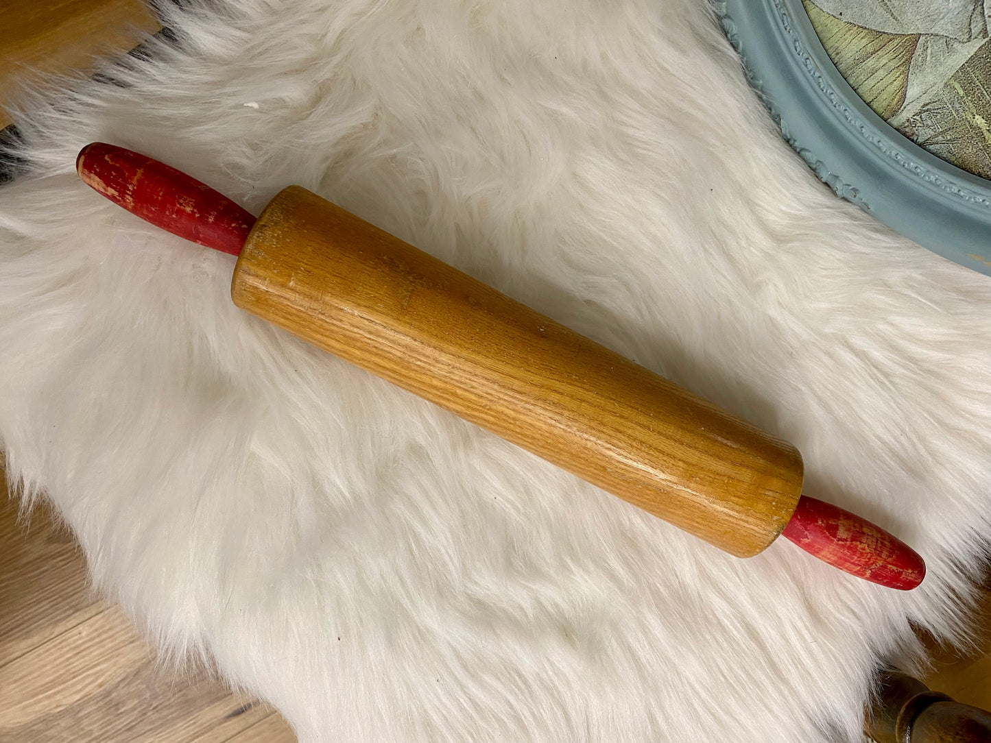 Vintage Wood Rolling Pin with Red Handles