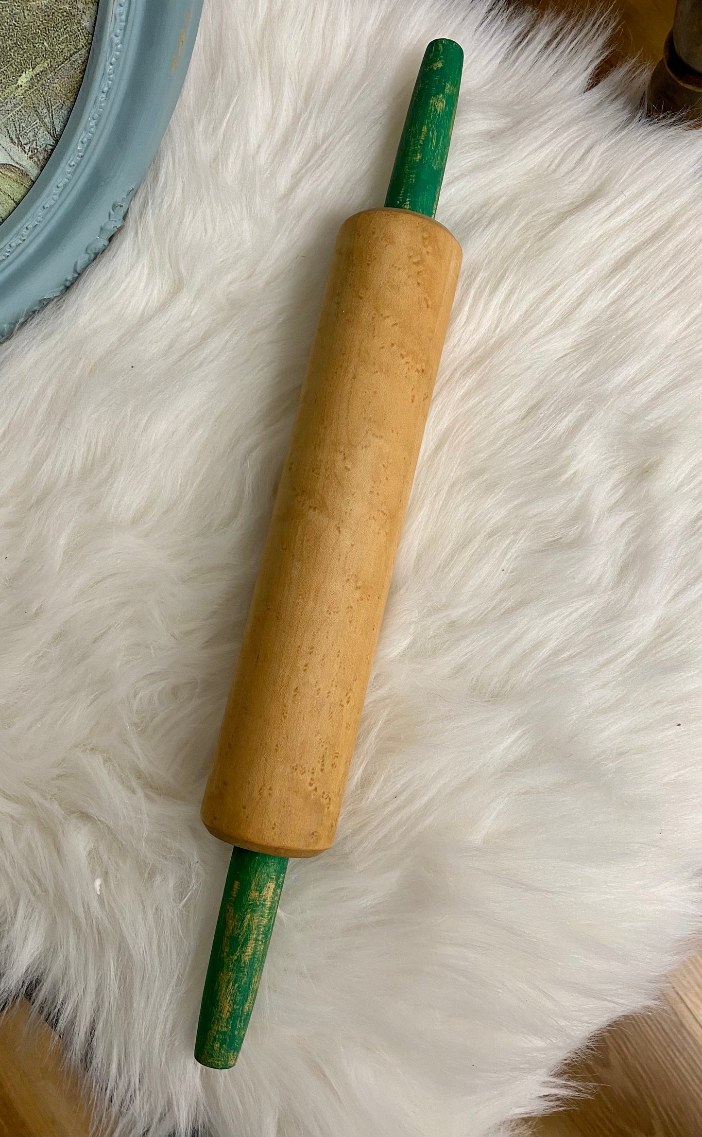 Vintage Wood Rolling Pin with Green Handles