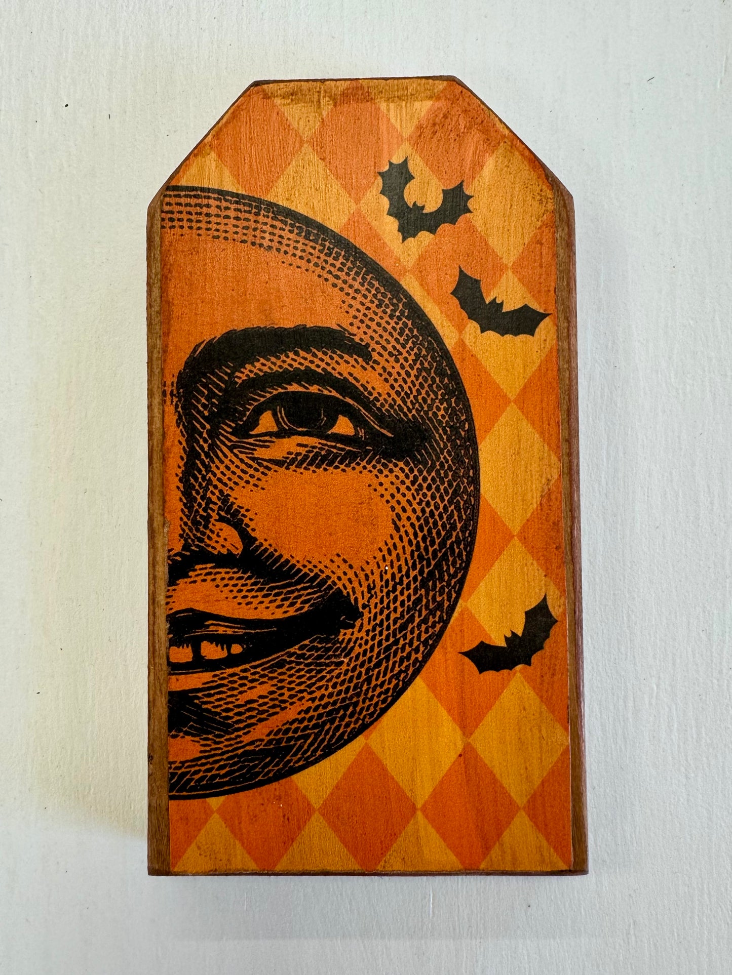 Reversible Orange Moon & Skull Wooden Tag Shelf Sitter