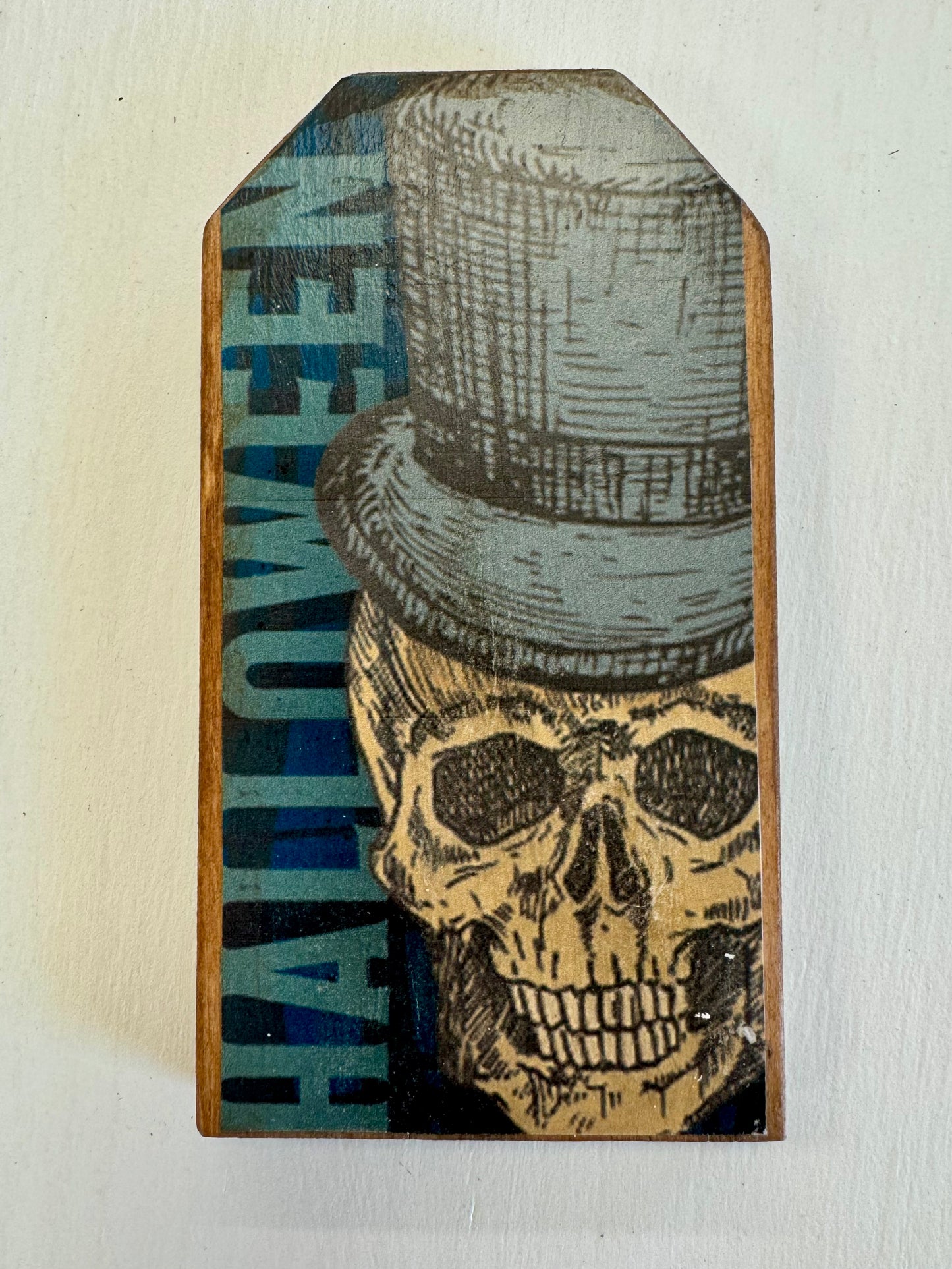 Reversible Orange Moon & Skull Wooden Tag Shelf Sitter