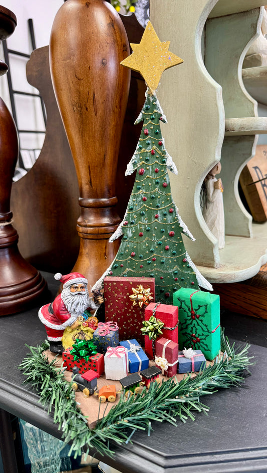 Vintage Wooden Christmas Tree with Santa and Presents