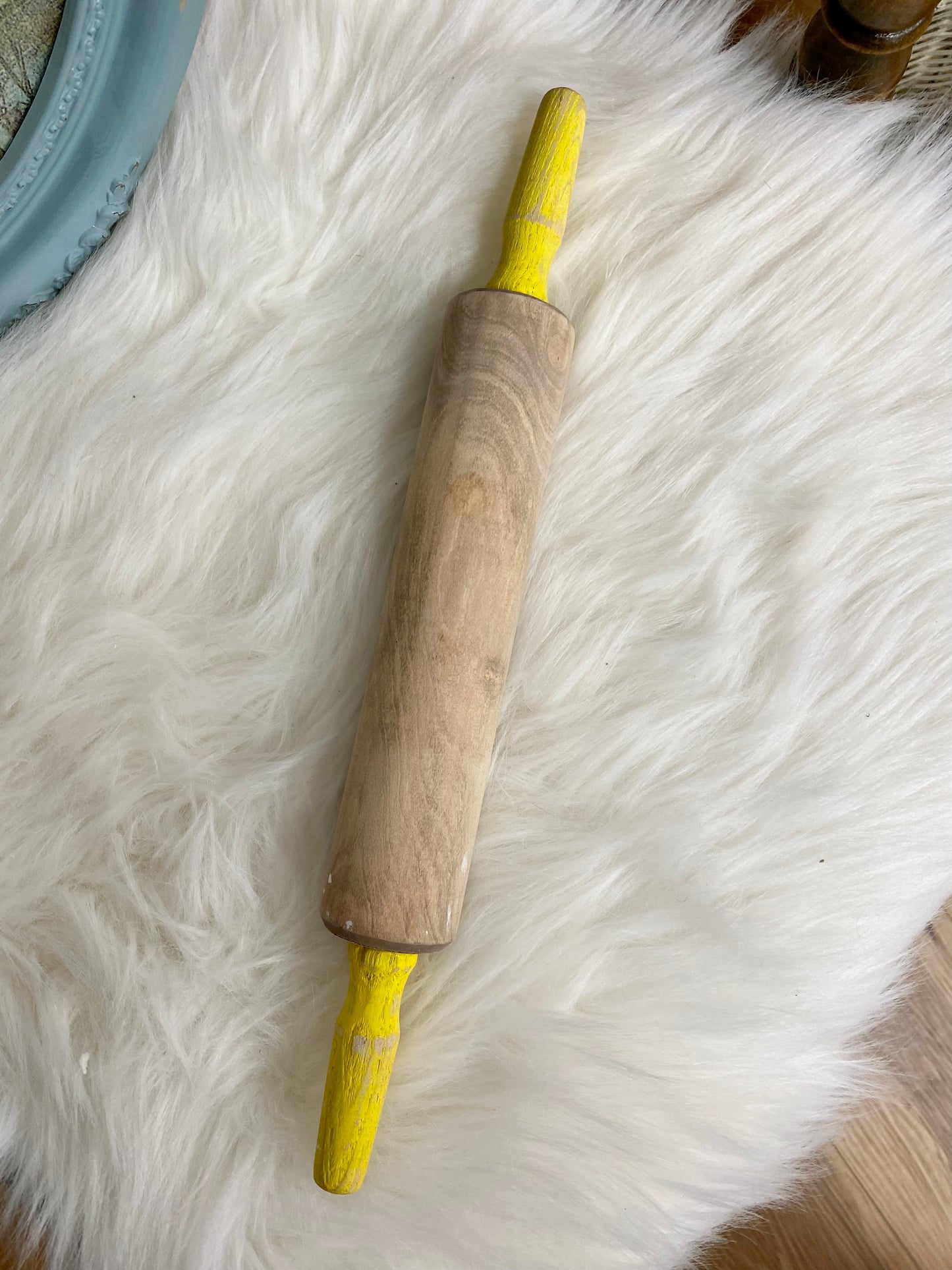 Vintage Wood Rolling Pin with Yellow Handles