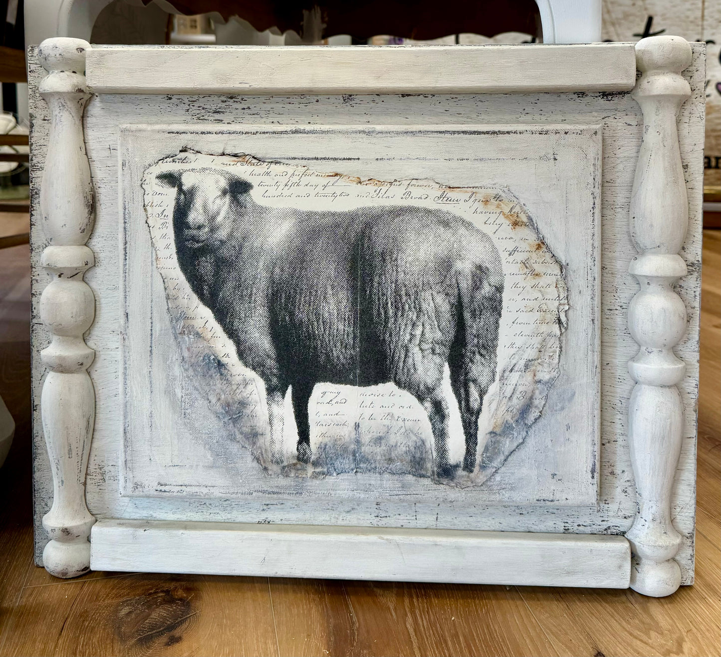 Wooden Chair Leg Framed Sheep Decor