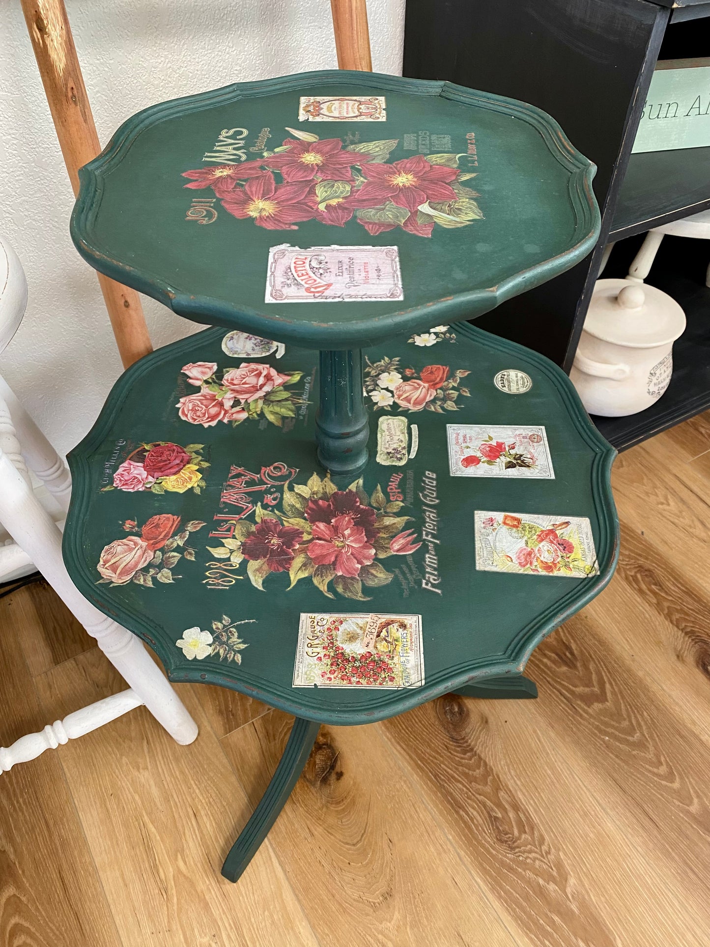 Green Two-Tiered Wooden Dessert Table with Floral Transfers