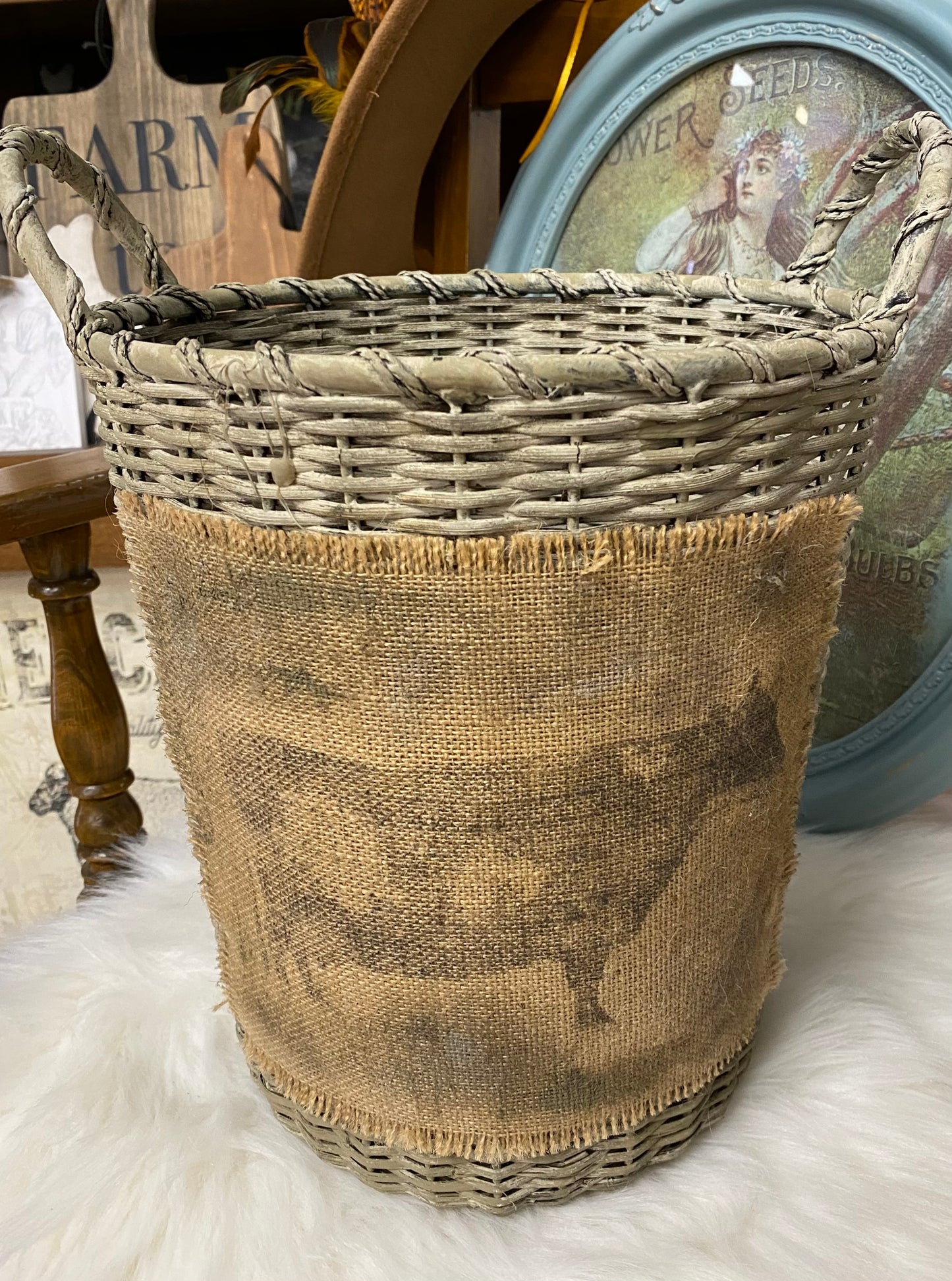 Wicker Basket with Burlap Cow