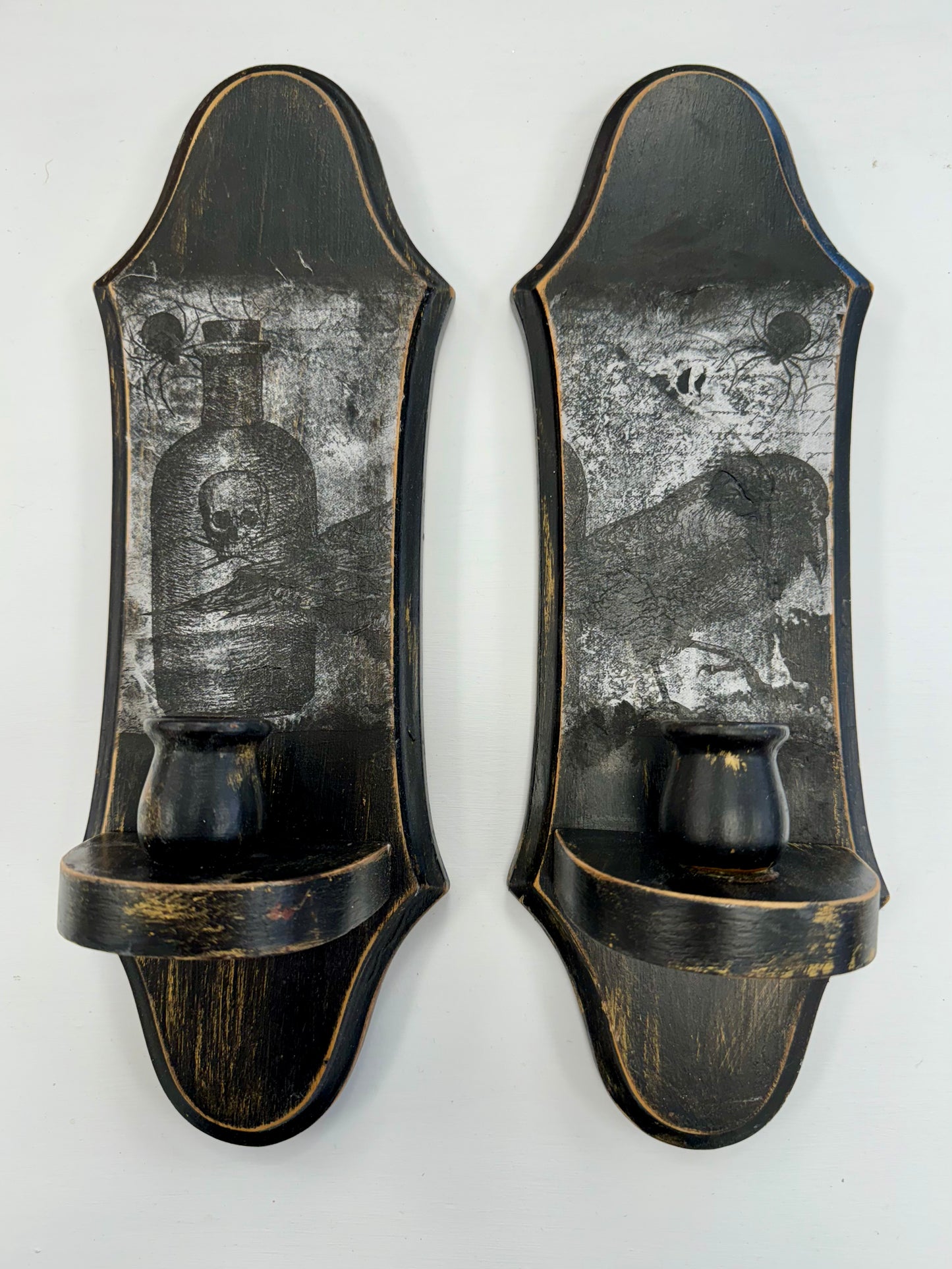 Black Distressed Raven & Poison Candlestick Holder Set