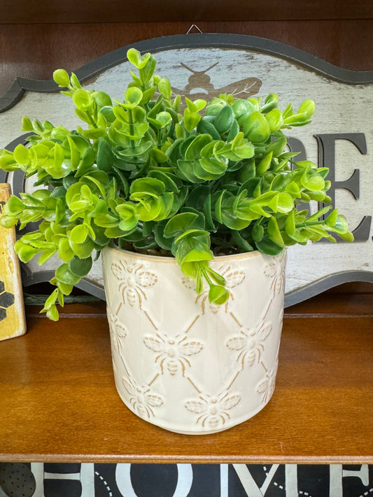 Glazed Ceramic Honeybee Pot with Faux Greenery