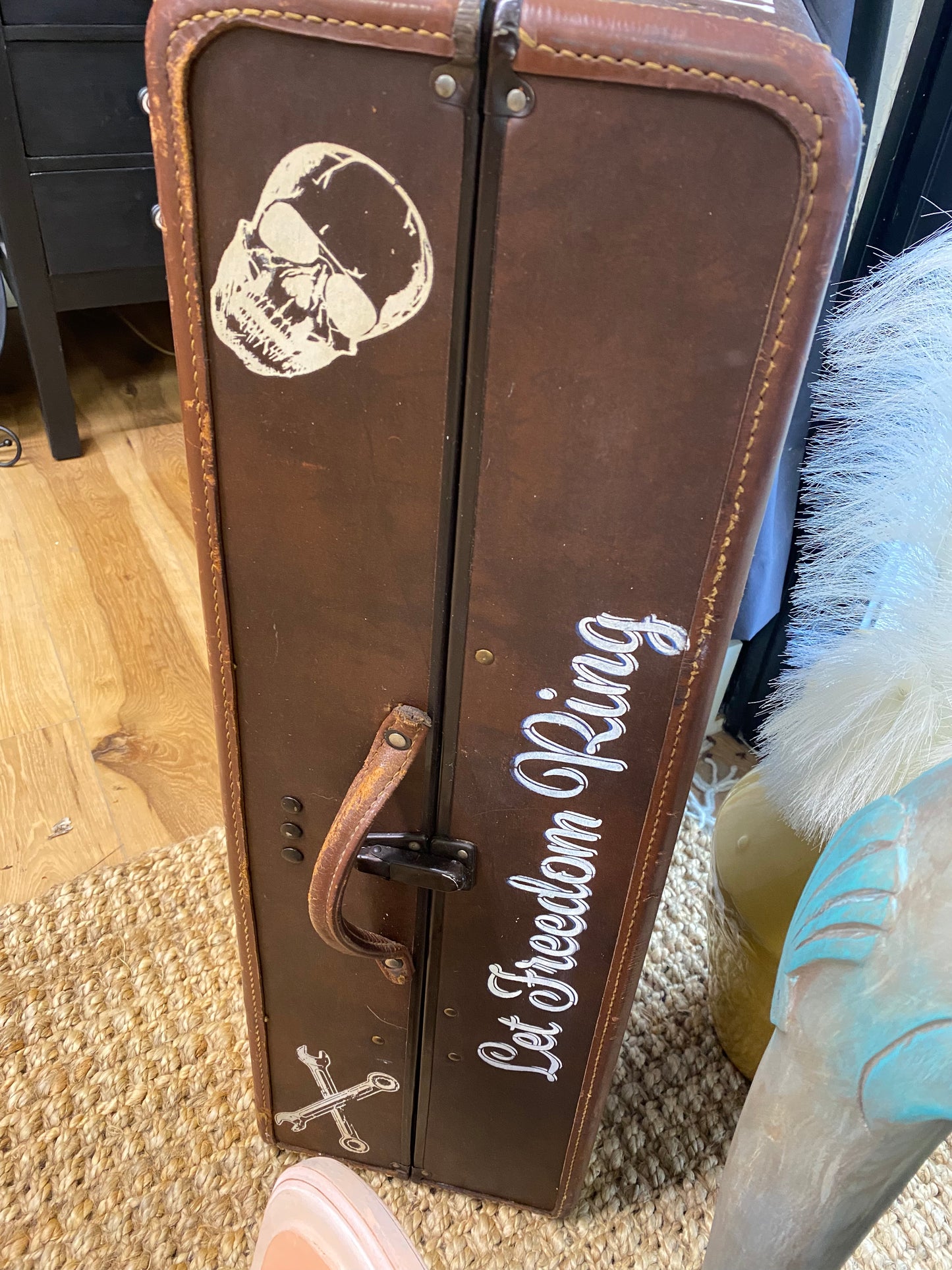 Vintage English Leather Steamer Trunk Travel Suitcase with Motorcycle Themed Transfers