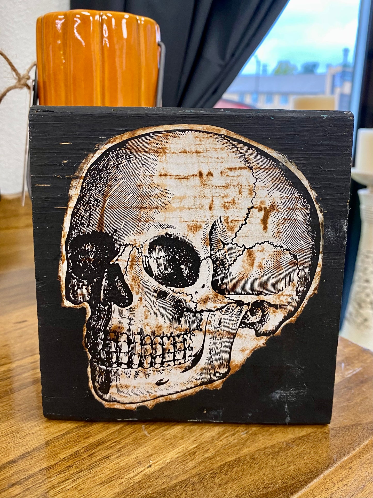 Decoupage Wood Skull Block