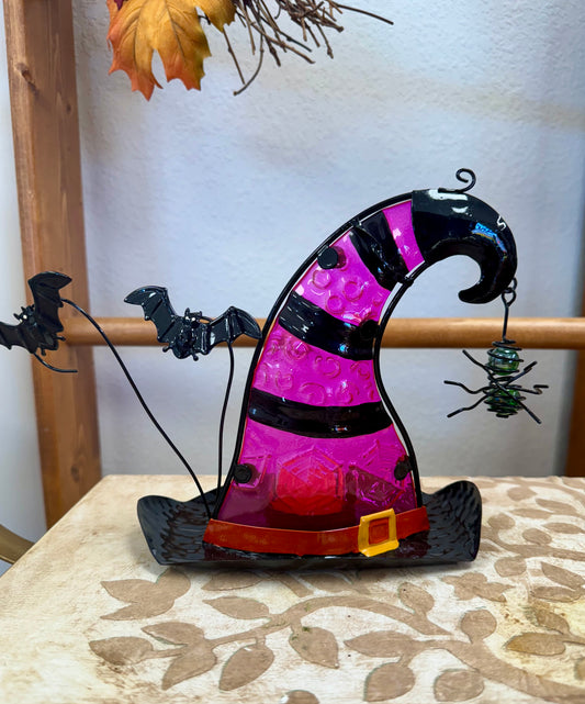Pink and Black Glass & Metal Witch Hat Tea Light Holder
