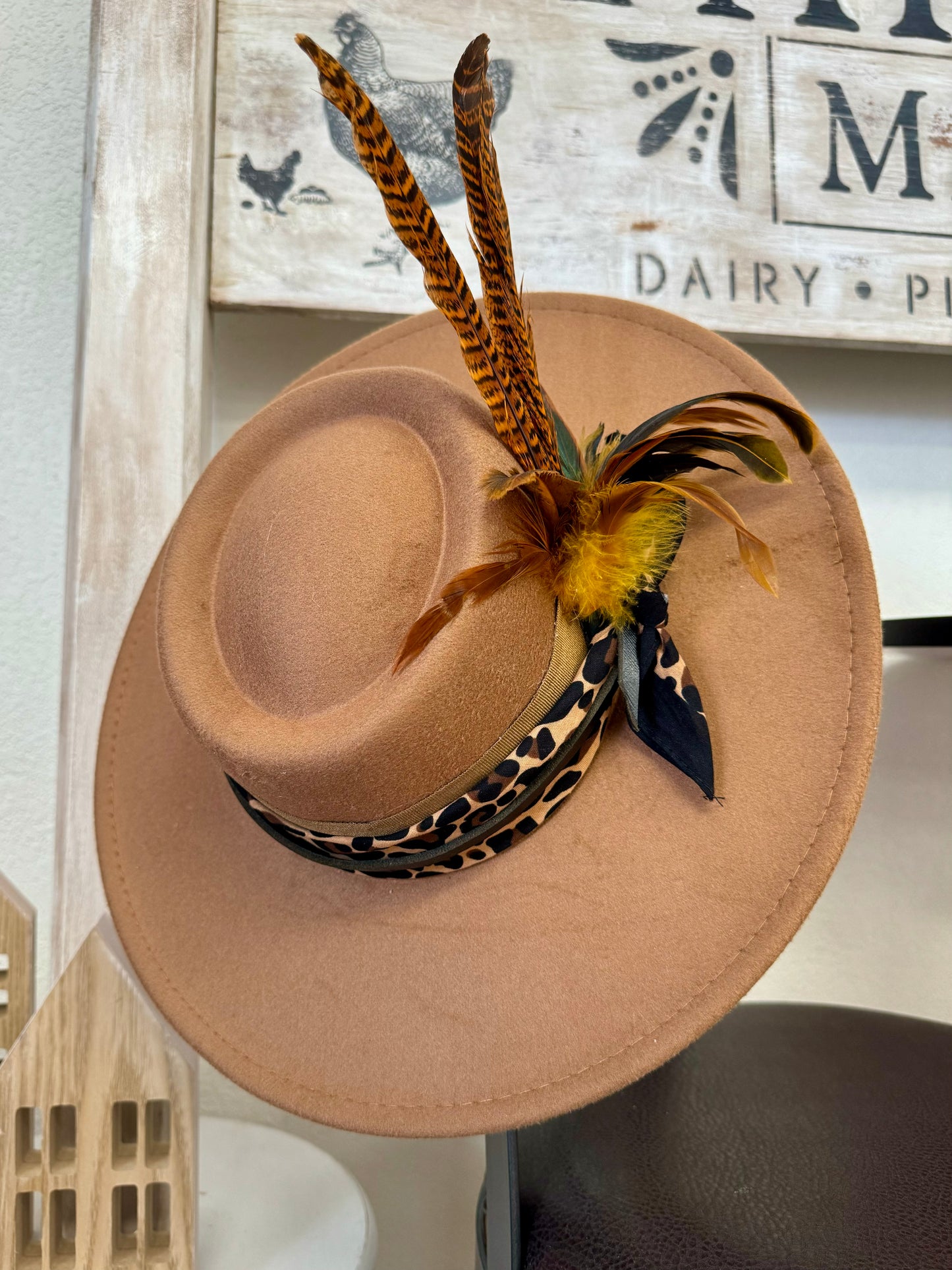 Leopard & Feathers Wide Brimmed Hat