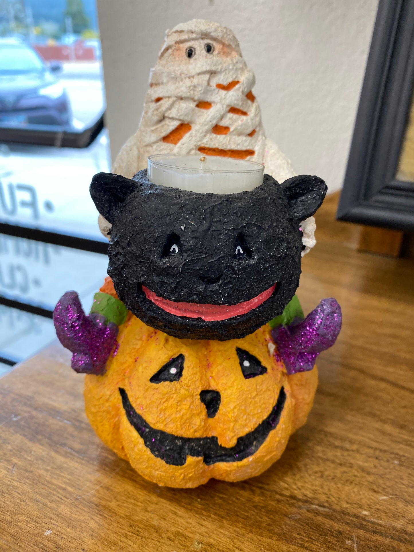 Candle Holder with Ghost, Black Cat, and Pumpkin