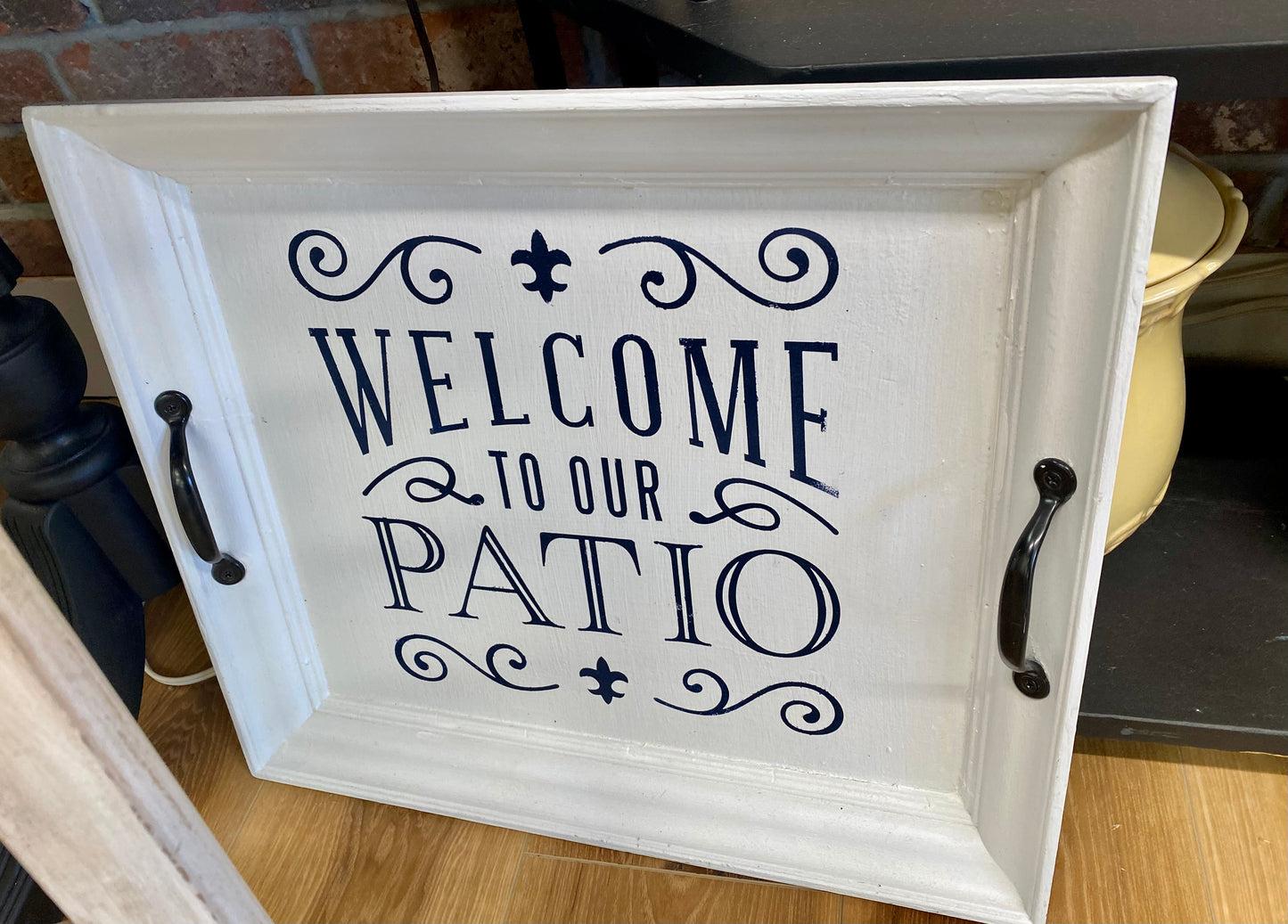 “Welcome to Our Patio” Wood Serving Tray with Metal Handles