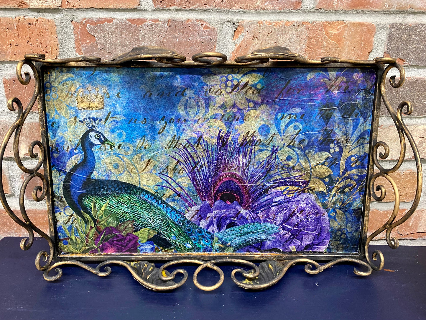 Peacock Tray with Metal Scrolling