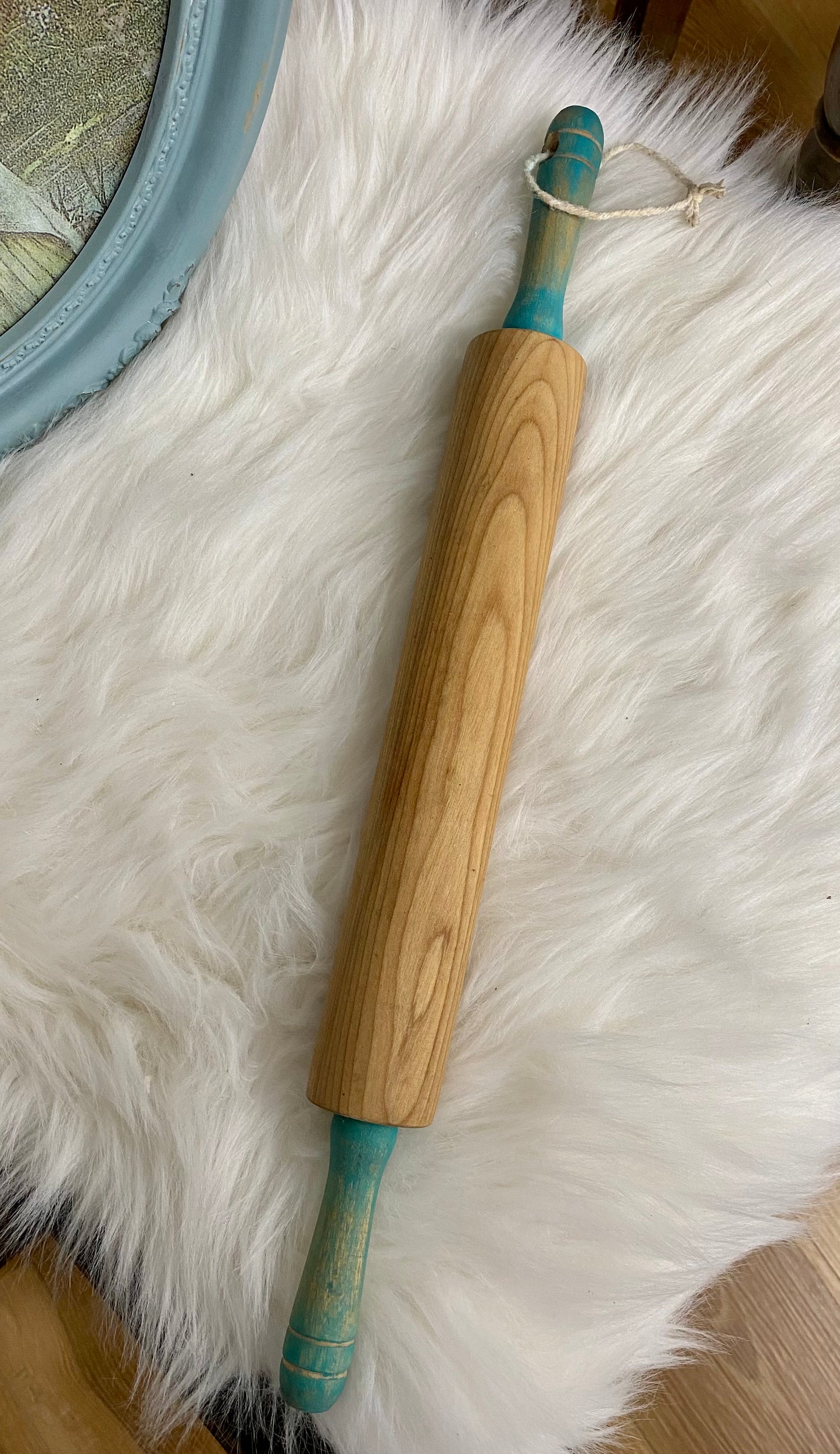 Vintage Wood Rolling Pin with Aqua Blue Handles