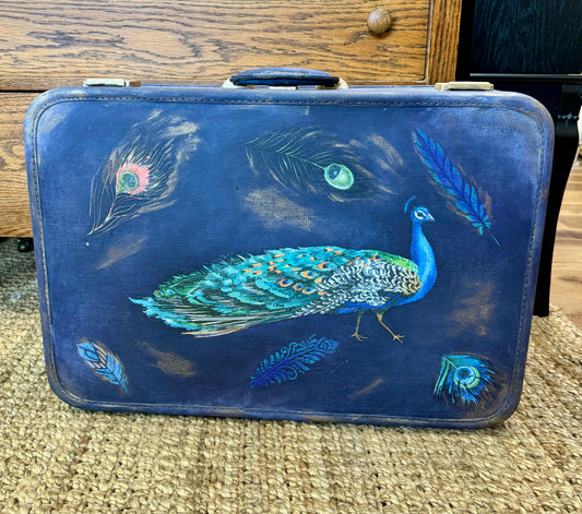 Peacock Transfer Painted Vintage Suitcase