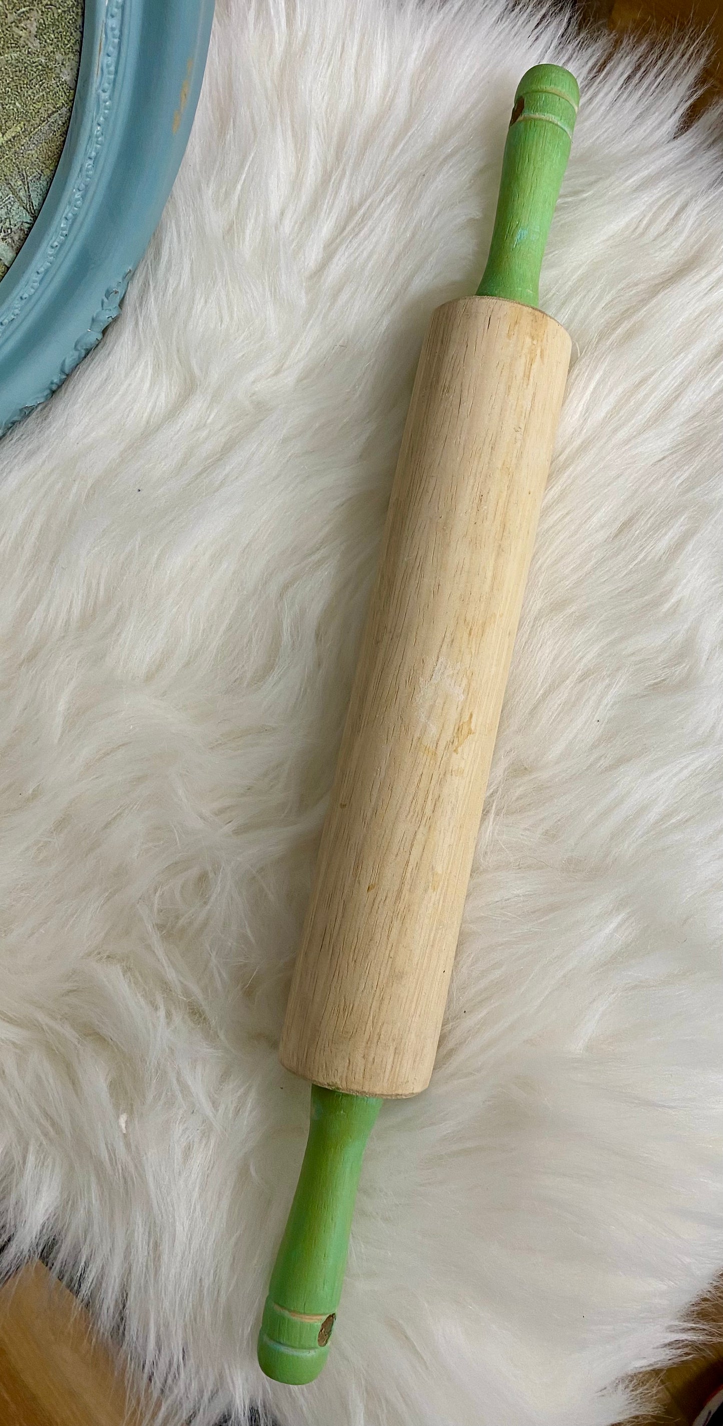 Vintage Wood Rolling Pin with Light Green Handles