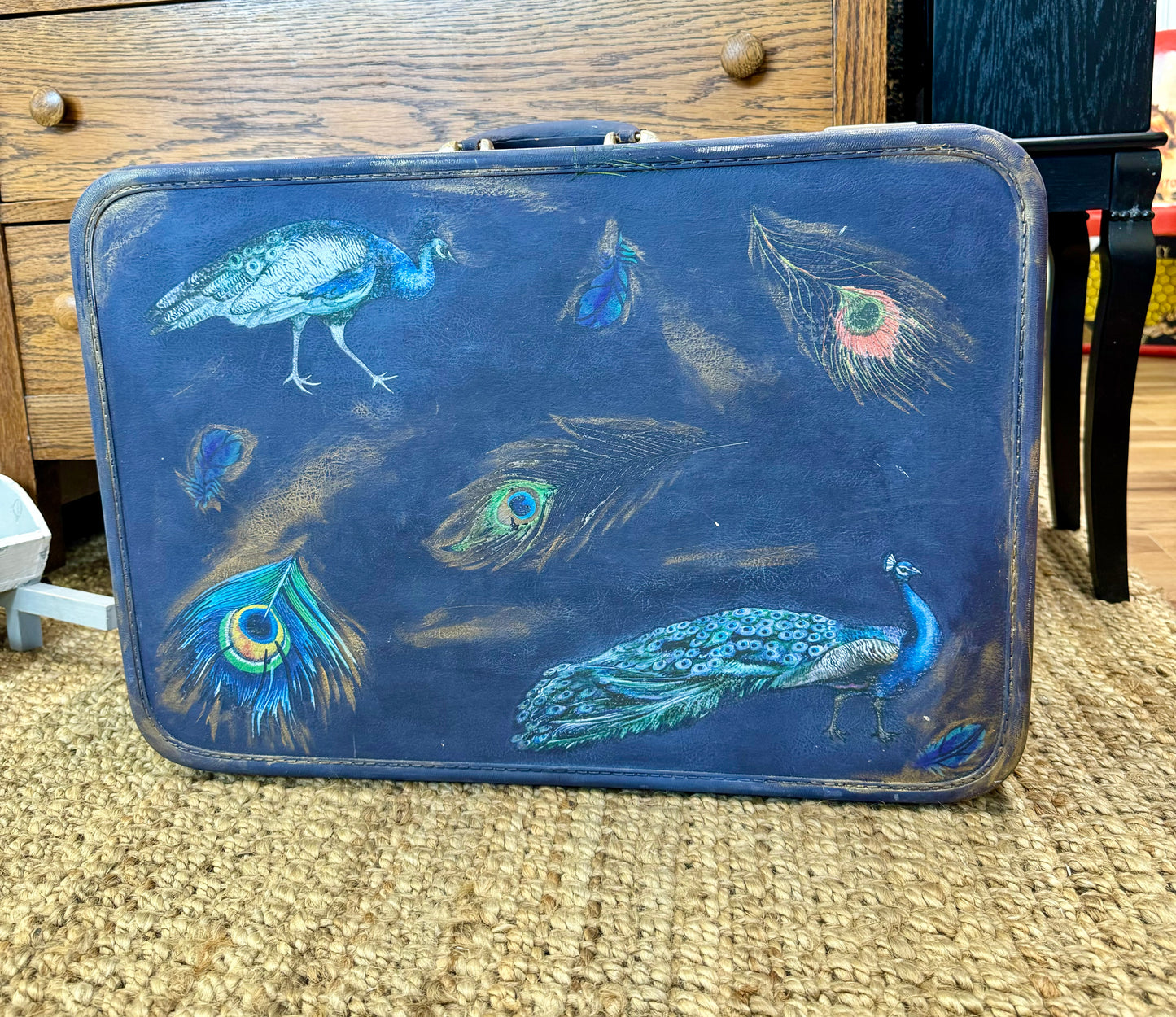 Peacock Transfer Painted Vintage Suitcase