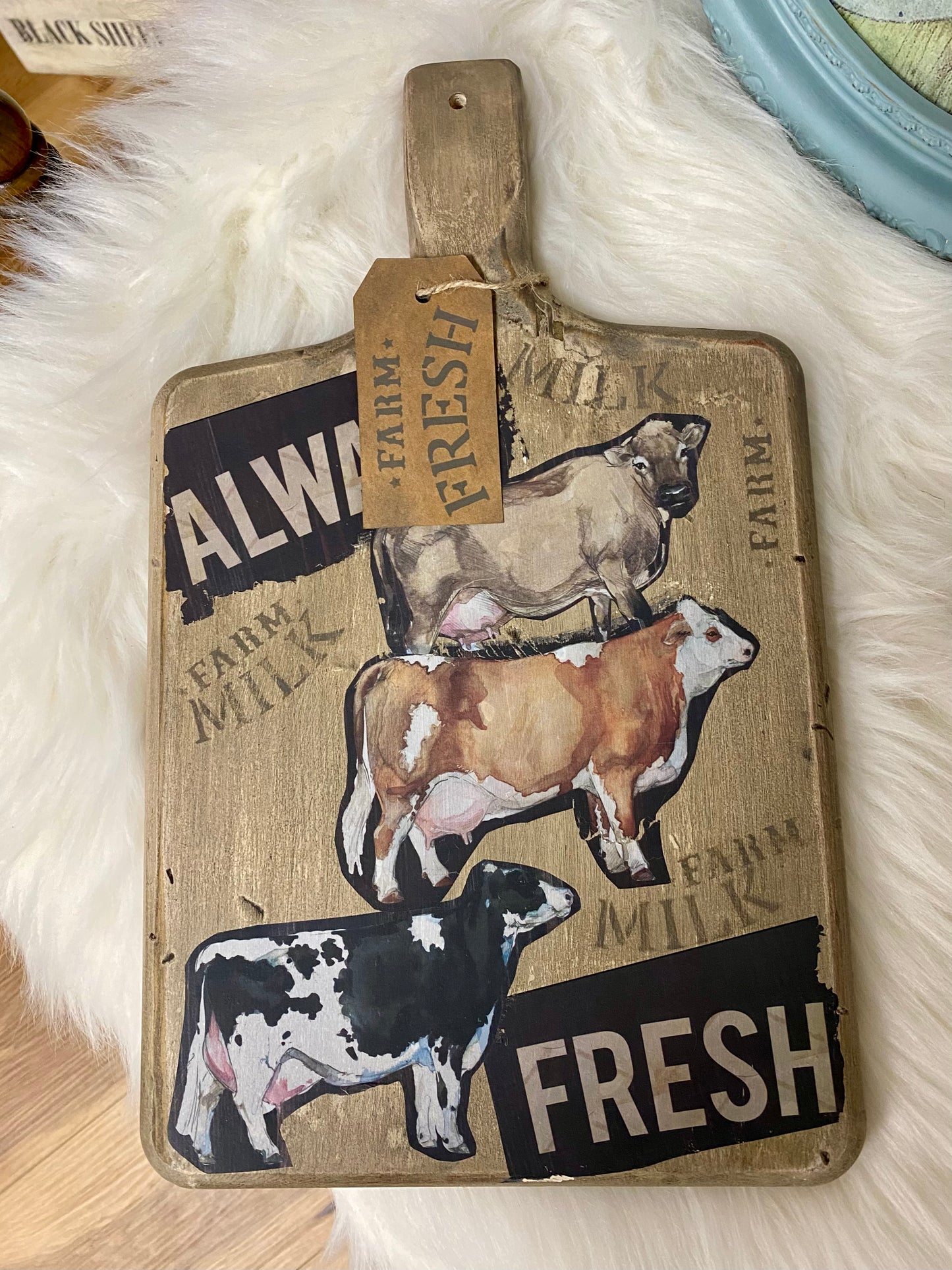 Always Fresh Cow Wooden Cutting Board Sign