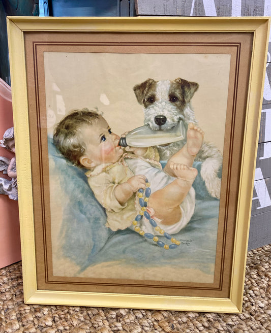 Vintage 1940's Print Baby & Airedale Dog