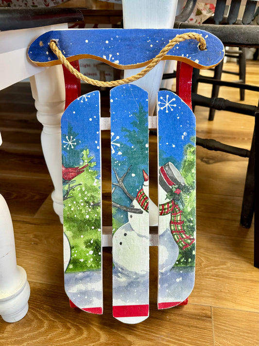 Small Wood Snowman Sled Decor