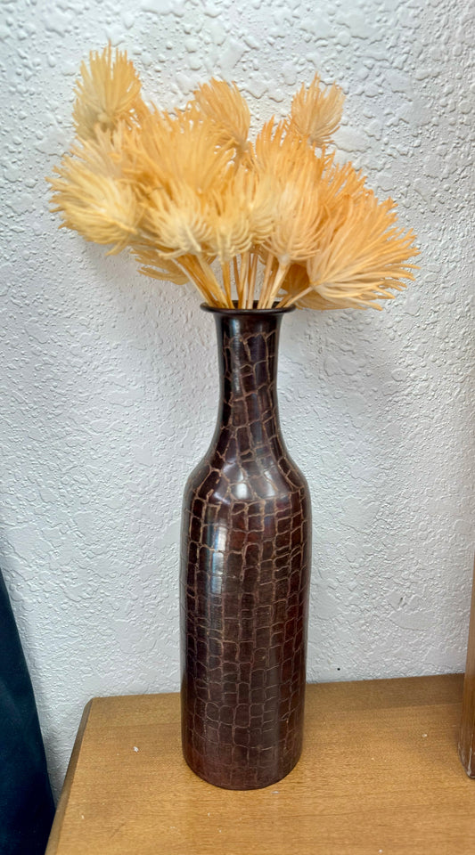 Leather Look Brown Metal Vase with Floral