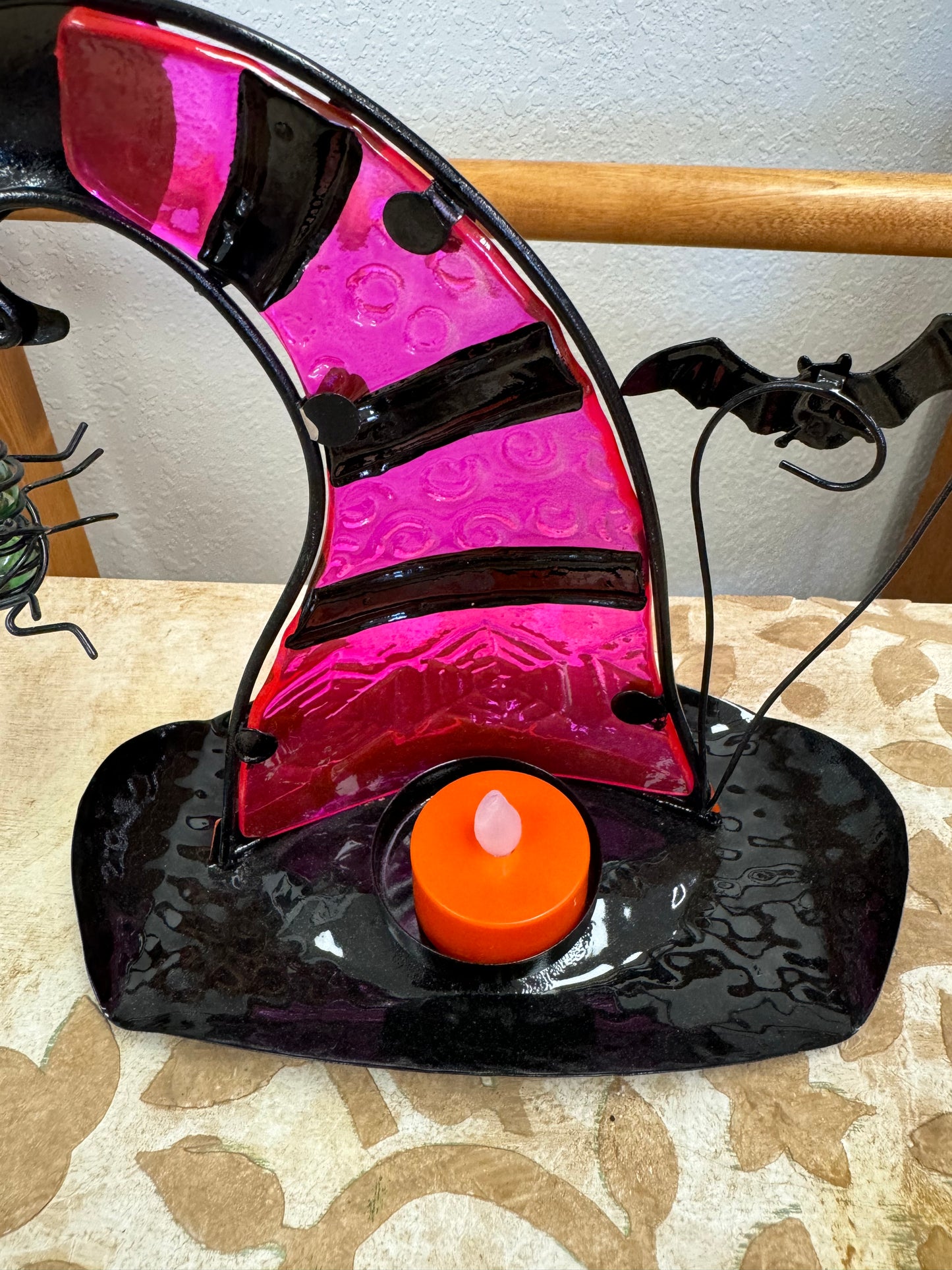 Pink and Black Glass & Metal Witch Hat Tea Light Holder