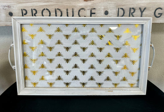White Glass Top Tray with Gold Bees