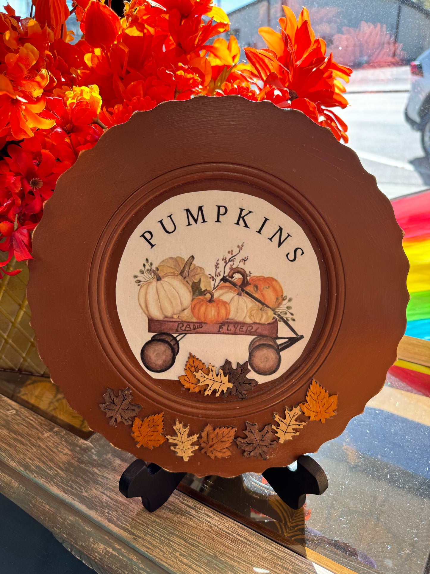 Pumpkins & Wagon Round Wood Sign with Leaves