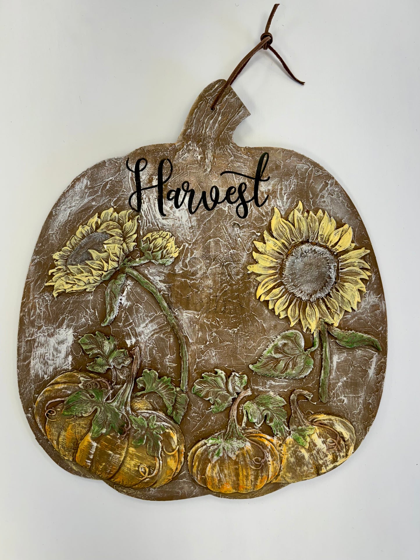 “Harvest” Textured Hanging Pumpkin with Sunflowers