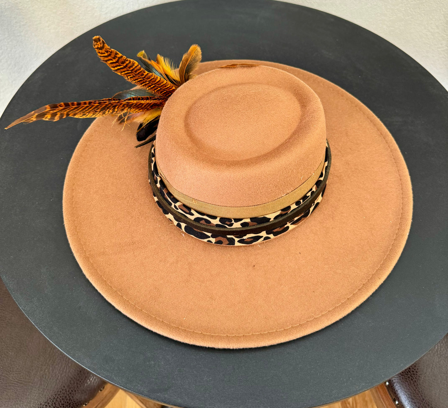 Leopard & Feathers Wide Brimmed Hat